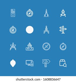 Editable 16 navigator icons for web and mobile. Set of navigator included icons line Localize, Signpost, Remote control, Compass on blue background