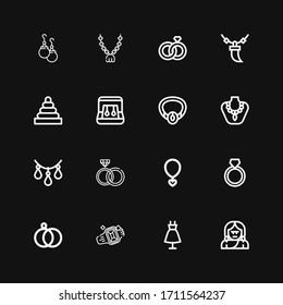 Editable 16 necklace icons for web and mobile. Set of necklace included icons line Troglodyte, Fashion, Ring, Wedding rings, Necklace, Rings, Earrings, Pendant on black background