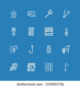 Editable 16 needle icons for web and mobile. Set of needle included icons line Hook, Stitches, Sewing machine, Needle, Thread, Syringe, Thread spool, Safety pin on blue background