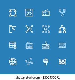 Editable 16 net icons for web and mobile. Set of net included icons line Fishing net, Radio, Network, Earth grid, Servers, Server, Hierarchical structure, Vpn on blue background