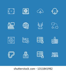 Editable 16 network icons for web and mobile. Set of network included icons line Laptop, Server, Avatar, Circuit, Map, Browser, Chat, Antenna, Worldwide, Conference on blue background