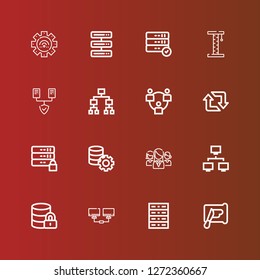 Editable 16 networking icons for web and mobile. Set of networking included icons line Spreading, Server, Network, Hosting, Networking, Retweet, Hierarchical structure on red