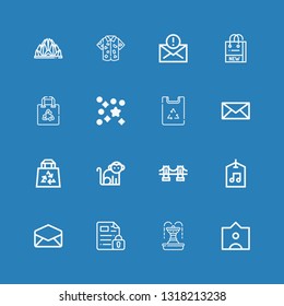 Editable 16 new icons for web and mobile. Set of new included icons line Tag, Fountain, File, Email, Label, Brooklyn bridge, Monkey, Bag, Mail, Paper bag, Confetti on blue background