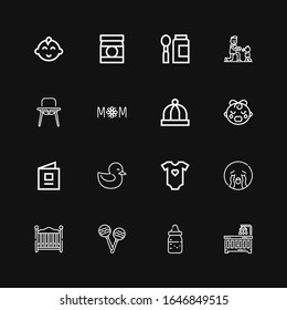 Editable 16 newborn icons for web and mobile. Set of newborn included icons line Baby crib, Feeding bottle, Rattles, Baby bed, Crying, Baby clothes, Duck, book on black background