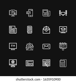 Editable 16 news icons for web and mobile. Set of news included icons line Newspaper, Interface, Television, Billboard, Email, Tv, News on black background