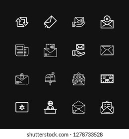 Editable 16 newsletter icons for web and mobile. Set of newsletter included icons line Mail, Email, News, Spam, Envelope, Send, Retweet on black background