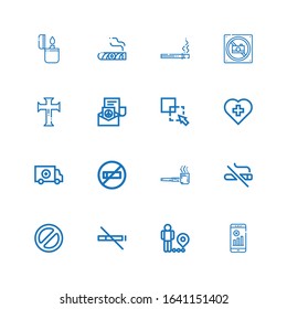 Editable 16 no icons for web and mobile. Set of no included icons line No wifi, Restriction, smoke, Banned, smoking, Smoking pipe, Red cross, Exclude on white background