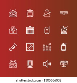 Editable 16 noise icons for web and mobile. Set of noise included icons line Drum, Volume, Announcer, Noise, Horn, Baby monitor, Amplifier, Audio, Cowbell on red