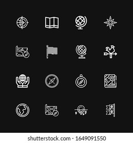Editable 16 north icons for web and mobile. Set of north included icons line Flags, Iceberg, Map, Earth globe, Compass, World, Vane, Flag, Windrose on black background