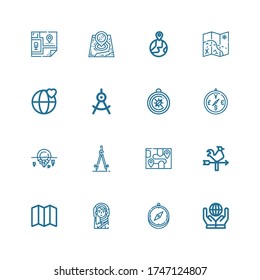 Editierbare 16 Nord Icons für Web und Mobile. Set Nord inklusive Icons Linie World, Compass, Eskimo, Karte, Vane, Iceberg, Erde Globus auf weißem Hintergrund