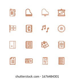 Iconos editables de 16 notas para web y móvil. Conjunto de notas incluido íconos línea Test, Sketchbook, Postcard, Prescription, Agenda, Note, Notebook, Cajon, Cymbal sobre fondo blanco