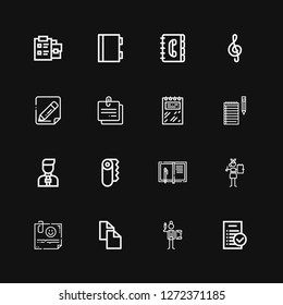 Editable 16 notepad icons for web and mobile. Set of notepad included icons line Tasks, Writing, Copy, Note, Notebook, Paper, News reporter, Notes, Edit, Contact book on black background