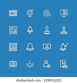 Editable 16 notification icons for web and mobile. Set of notification included icons line Stamp, Cancel, Bell, Interface, Snooze, Notification, Follow on blue background