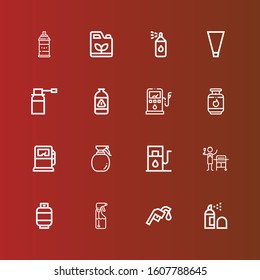 Editable 16 nozzle icons for web and mobile. Set of nozzle included icons line Spray, Gas station, Gas, Gas pump, Piping bag, Paint spray, Gasoline on red