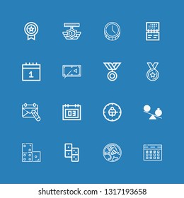 Editable 16 number icons for web and mobile. Set of number included icons line Calendar, Holden, Domino, Time, Clock, Medal, Pool table on blue background