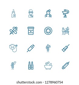 Editable 16 nurse icons for web and mobile. Set of nurse included icons line Syringe, Medicines, Cardiologist, Veterinarian, Stethoscope, Pharmacy, Medicine on white background