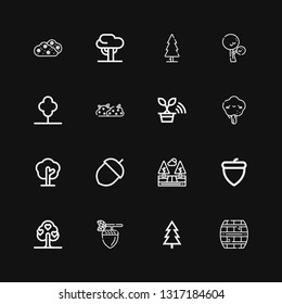 Editable 16 oak icons for web and mobile. Set of oak included icons line Cask, Tree, Acorn, Trees, Bush on black background