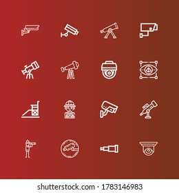 Editable 16 observe icons for web and mobile. Set of observe included icons line Cctv, Telescope, Vigilance, Safari, Visual, Security camera on red