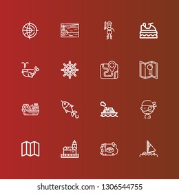Editable 16 ocean icons for web and mobile. Set of ocean included icons line Sail, Fish, Lighthouse, Map, Pirate, Cruise, Cargo ship, Ship wheel, Whale, Jet ski, World on red