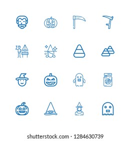 Editable 16 october icons for web and mobile. Set of october included icons line Ghost, Witch, Pumpkin, Eye jar, Candy corn, German, Scythe, Dracula on white background