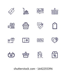 Editable 16 offer icons for web and mobile. Set of offer included icons line Offer, Proposal, Basket, Shopping basket, Gift, Discount, Coupon, Gift card, Tag on white background