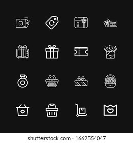 Editable 16 offer icons for web and mobile. Set of offer included icons line Merchandise, Delivery cart, Shopping basket, Basket, Gifts, Canteen, Gift, Coupon on black background