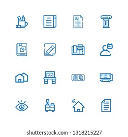 Editable 16 office icons for web and mobile. Set of office included icons line Paper, House, Nightstand, Vision, Keyboard, Table, Vanity, User, Fax, Edit, Art book on white background