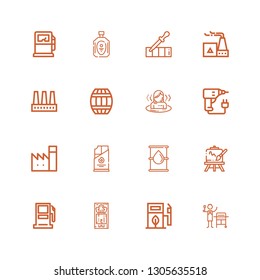 Editable 16 oil icons for web and mobile. Set of oil included icons line Gas, Eco fuel, Massage, Gasoline station, Easel, Oil, Coal, Factory, Drill, Sauna on white background