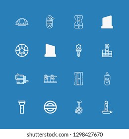 Editable 16 one icons for web and mobile. Set of one included icons line Candle, Unicycle, Guarantee, Flashlight, Sharpener, Ticket, Podium, Torch, Trophy, Basketball on blue background