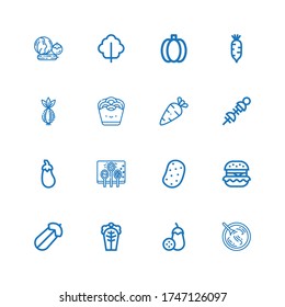 Editable 16 onion icons for web and mobile. Set of onion included icons line Sour soup, Aubergine, Cabbage, Courgette, Hamburguer, Potato, Spices, Vegetables on white background