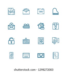 Editable 16 open icons for web and mobile. Set of open included icons line Phone book, Mail, Keypad, Locked, Folder, Book, Closed, Unlocked, Package, Lock on white background
