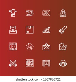 Editable 16 open icons for web and mobile. Set of open included icons line Audiobook, Windows, Shelves, Scissors, Padlock, Mail, File transfer, Locker, Opener, Message on red