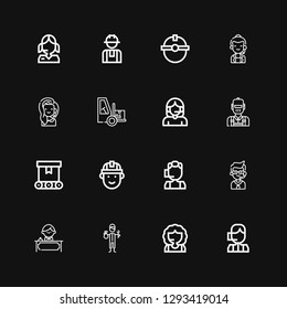 Editable 16 operator icons for web and mobile. Set of operator included icons line Call center, Worker, Receptionist, Engineering, Conveyor, Engineer, Forklift on black background