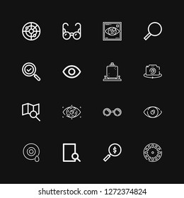 Editable 16 optical icons for web and mobile. Set of optical included icons line Stereoscope, Search, Eye, Sunglasses, Photo camera, Detective, Magnifying glass on black background