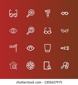 Editable 16 optical icons for web and mobile. Set of optical included icons line Detective, Search, Radar, Telescope, Glass, View, Binoculars, Glasses, Vision, Sunglasses on red