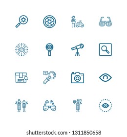 Editable 16 optical icons for web and mobile. Set of optical included icons line Vision, Detective, Sunglasses, View, Photo camera, Magnifying, Search, Telescope on white background