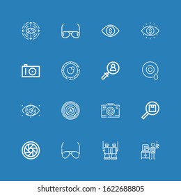 Editable 16 optical icons for web and mobile. Set of optical included icons line Detective, Binoculars, Sunglasses, Shutter, Search, Photo camera, Radar, Eye on blue background