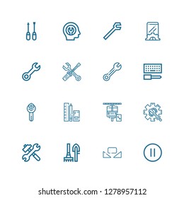 Editable 16 options icons for web and mobile. Set of options included icons line Pause, Custome, Tools, Maintenance, Wrench, Configuration, Setup, Fixed, Screwdriver on white background