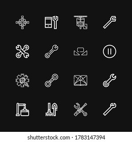 Editable 16 iconos de opciones para web y móvil. Conjunto de opciones incluidas línea de iconos Llave, Mantenimiento, Herramientas, Sección, Pausa, Cústome, Configuración, Llave cruzada sobre fondo negro