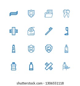 Editable 16 oral icons for web and mobile. Set of oral included icons line Toothpaste, Chewing gum, Tooth paste, Mouthwash, Dental, Prothesis, Toothbrush, Dental floss on white background