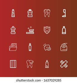 Editable 16 oral icons for web and mobile. Set of oral included icons line Chewing gum, Toothpaste, Tooth, Dental floss, Tooth paste, Toothbrush, Mouthwash, Prothesis on red