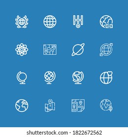Editable 16 orbit icons for web and mobile. Set of orbit included icons line Planet earth, Map, Earth, World, Earth globe, Globe, Worldwide, Planet, Atom, Uranus on blue background