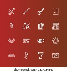 Editable 16 orchestra icons for web and mobile. Set of orchestra included icons line Marimba, Kettledrum, Violin, Harmonica, Tambourine, Trumpet, Timpani, Maracas, Philharmonic on red