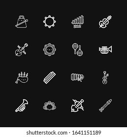 Editable 16 orchestra icons for web and mobile. Set of orchestra included icons line Flute, Cello, Tambourine, Trumpet, Violin, Xylophone, Harmonica, Bagpipes on black background