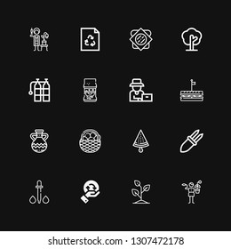 Editable 16 organic icons for web and mobile. Set of organic included icons line Gardener, Sprout, Recycling, Dropper, Corn, Watermelon, Fruit, Jug, Sandwich on black background