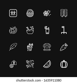 Editable 16 organic icons for web and mobile. Set of organic included icons line Green pepper, Watermelon, Desert, Greenhouse, Vegetables, Mushroom, Asparagus on black background