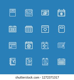 Editable 16 organizer icons for web and mobile. Set of organizer included icons line Calendar, Art book, Notebook, Schedule, Workbook on blue background