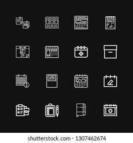 Editable 16 organizer icons for web and mobile. Set of organizer included icons line Date, Notebook, Schedule, Notepad, Calendar, Workbook, Archive, Archives on black background