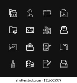 Editable 16 organizing icons for web and mobile. Set of organizing included icons line Folder, Write, Notepad, Drawer, Writing, Manager on black background