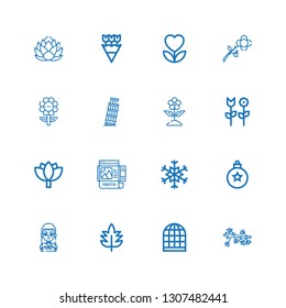 Editable 16 ornament icons for web and mobile. Set of ornament included icons line Flower, Bird cage, Leaf, Gothic, Bauble, Snowflake, Frame, Lotus, Pisa, Flowers on white background